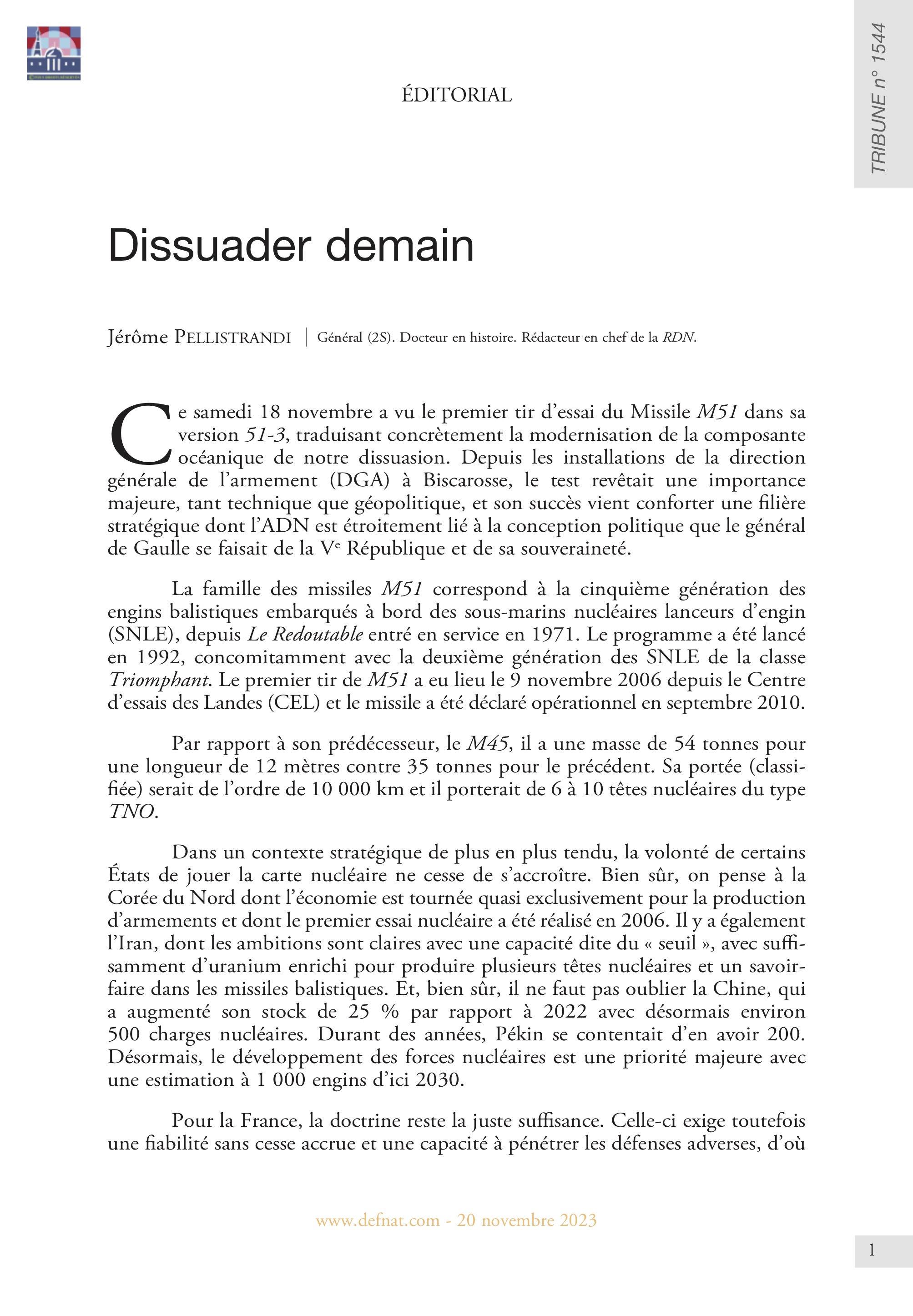 Éditorial – Dissuader demain (T 1544)
